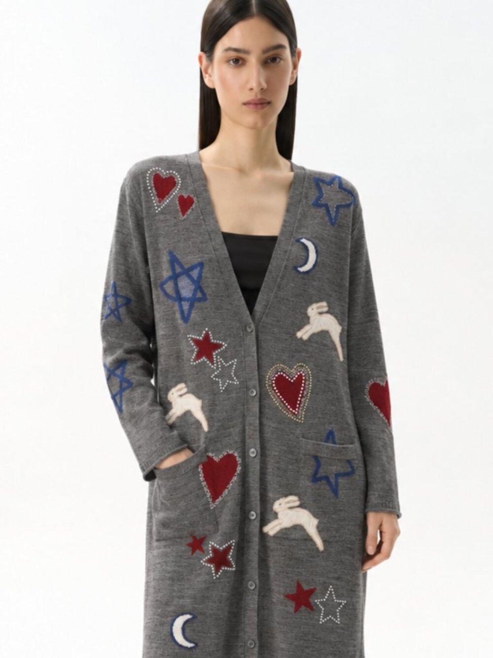 Sisley Rabbits Hearts Stars Moons Wool Blend Long Embellished Knit Cardigan